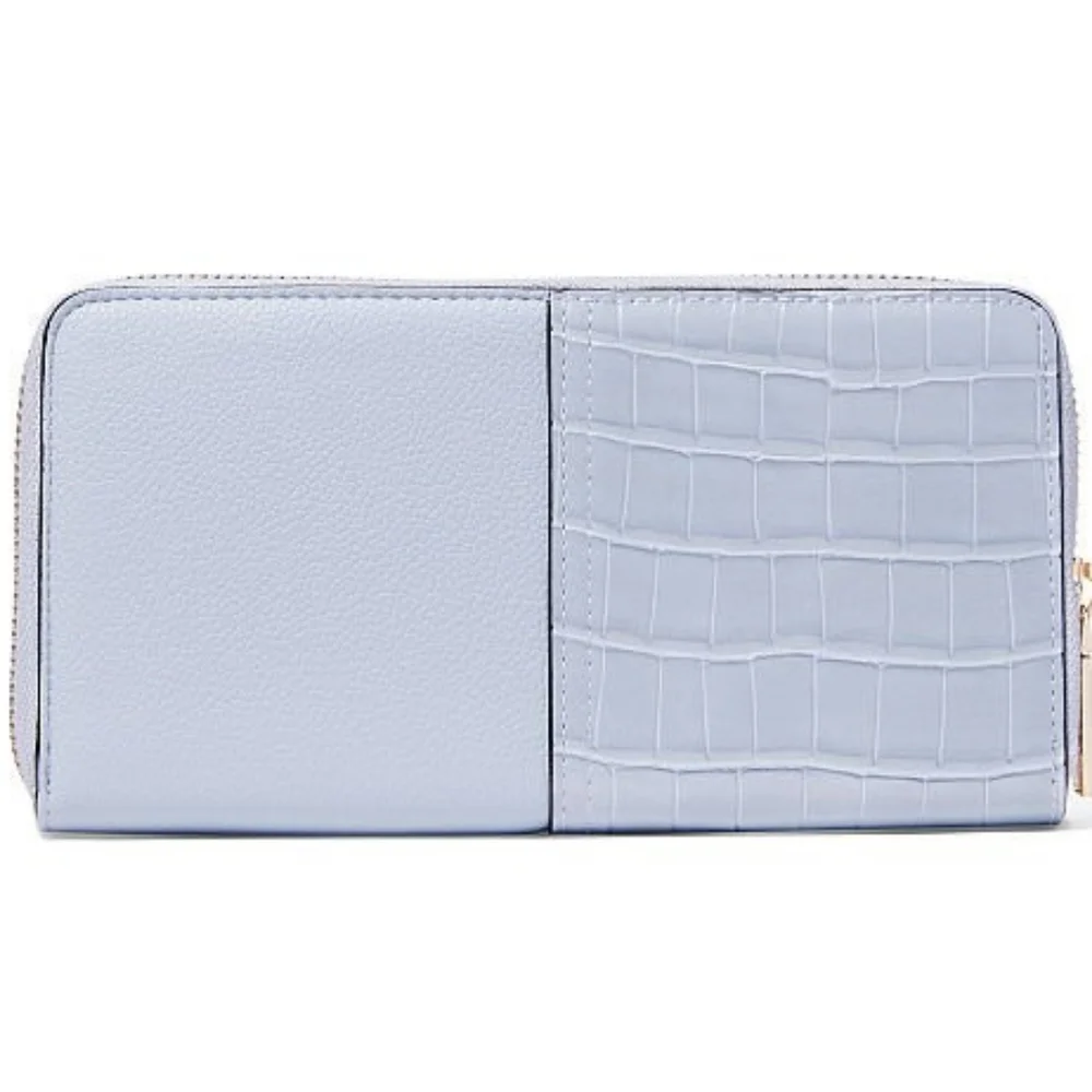 Nip luxury VS sky blue 1/2 vegan croc gold tone v zip long wallet - Picture 3 of 5